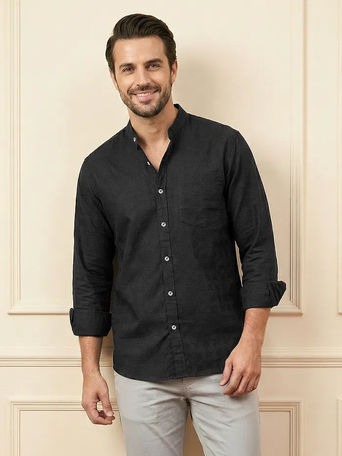 Black Mandarin Collar Textured Shirt