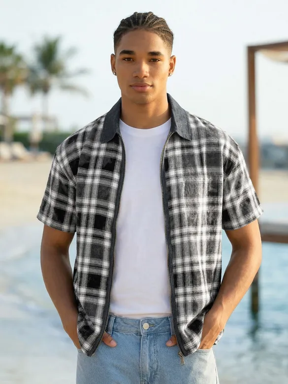 Grey and Blue Denim Collar Zipper Shirt