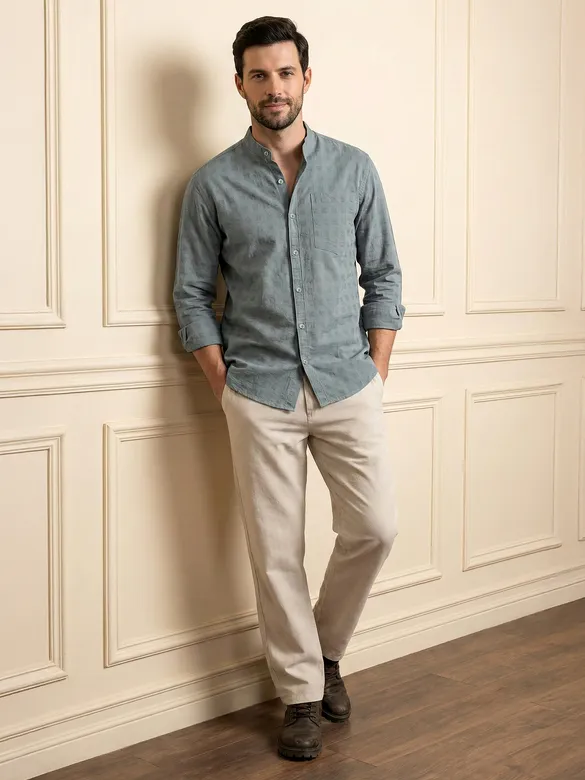 Grey Mandarin Collar Textured Shirt