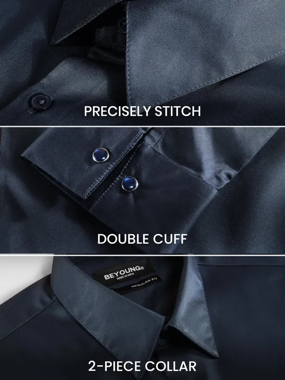 Navy Double Cuff Satin Shirt