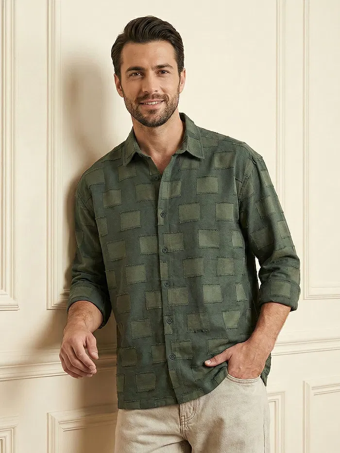 Olive Fur Geometric Textured Shirt