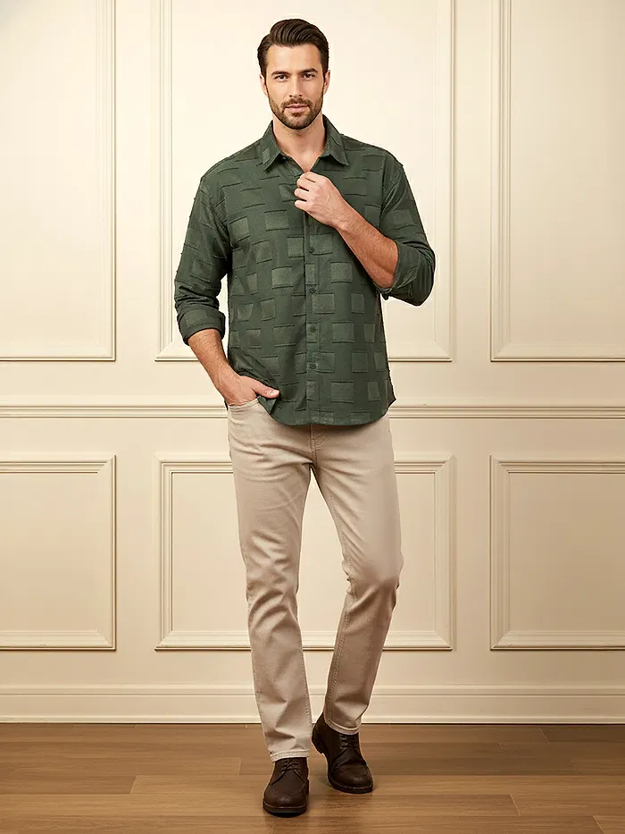 Olive Fur Geometric Textured Shirt