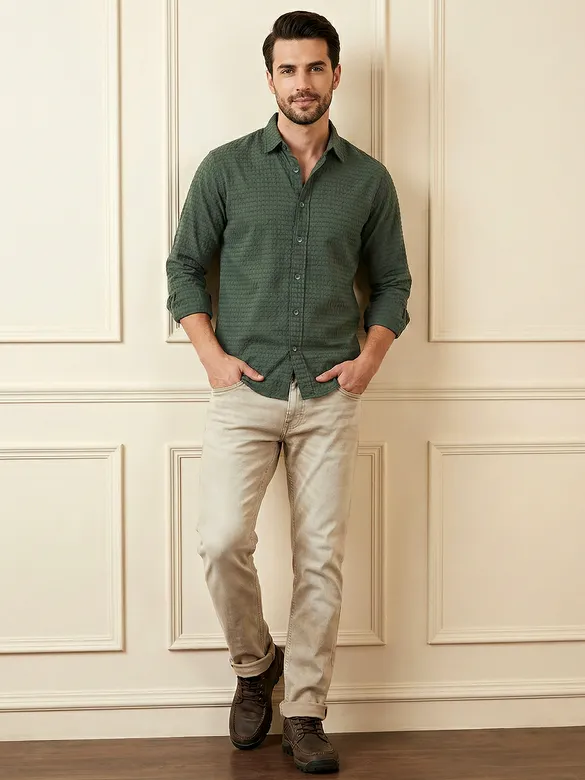 Olive Green Jacquard Round Textured Shirt