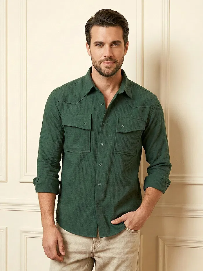 Olive Green Textured Western Shirt