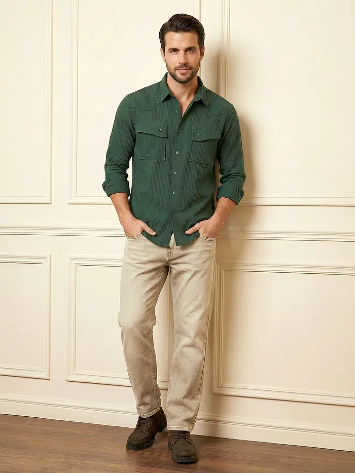 Olive Green Textured Western Shirt