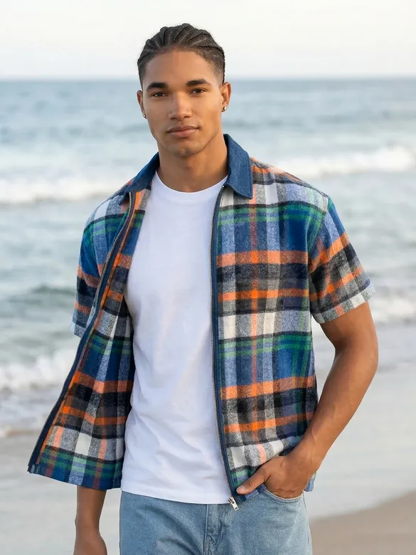 Orange and Blue Denim Collar Zipper Shirt