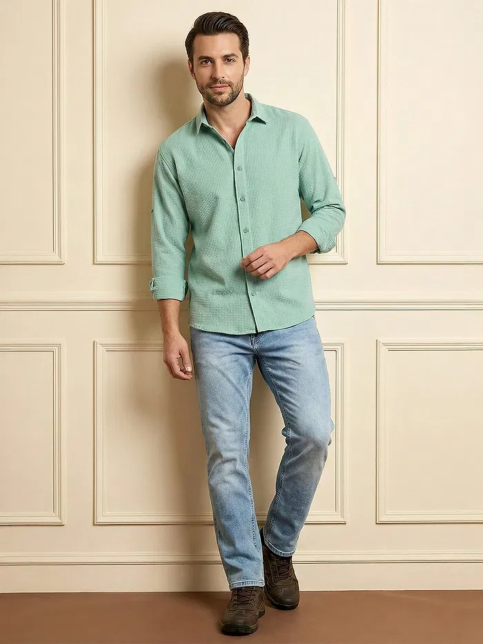 Pista Green Full Sleeve Waffle Shirt For Men