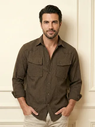 Wood Brown Textured Western Shirt