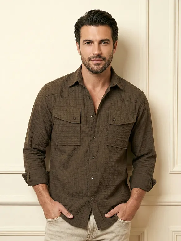 Wood Brown Textured Western Shirt
