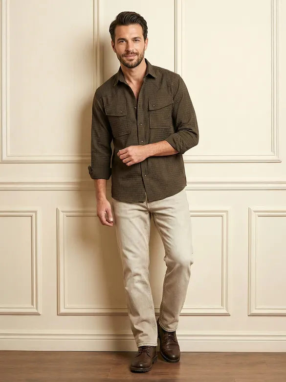 Wood Brown Textured Western Shirt