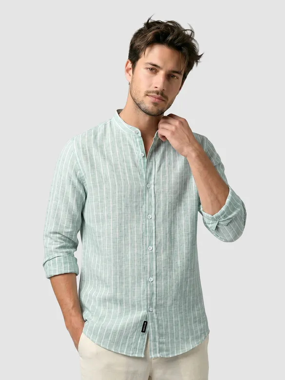 Green Linen Striped Shirt