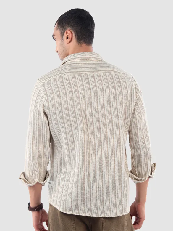 Beige Busy Stripe Cotton Shirt