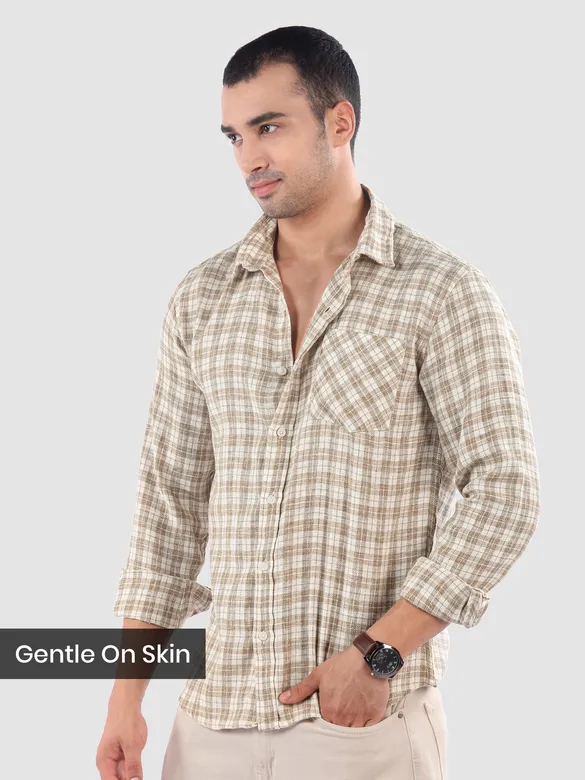 Beige Plaid Check Cotton Shirt