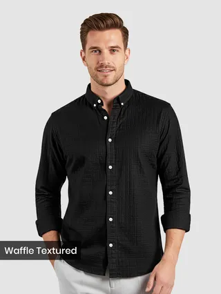 Black Waffle Button-Down Cotton Shirt
