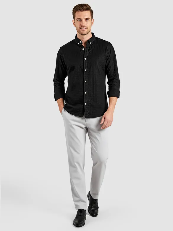 Black Waffle Button-Down Cotton Shirt