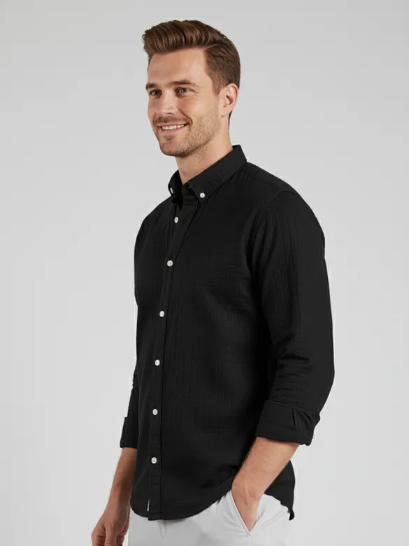 Black Waffle Button-Down Cotton Shirt