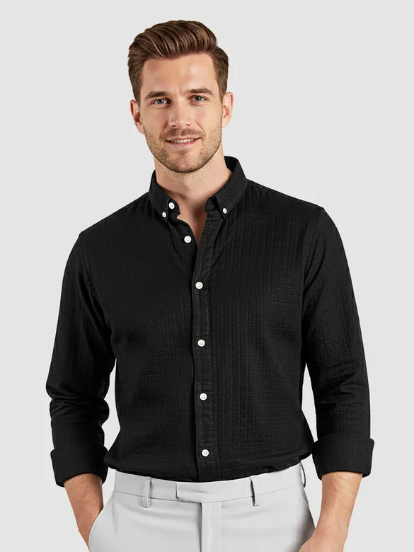 Black Waffle Button-Down Cotton Shirt