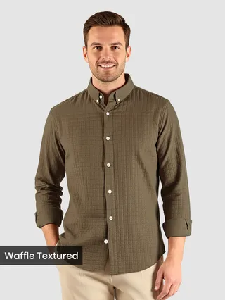 Brown Waffle Button-Down Cotton Shirt