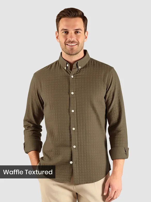 Brown Waffle Button-Down Cotton Shirt