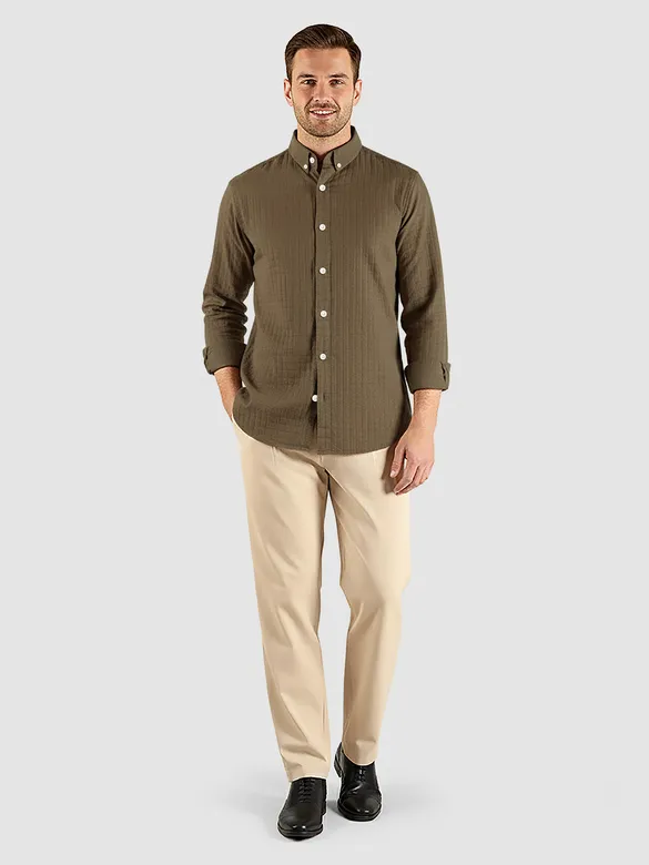 Brown Waffle Button-Down Cotton Shirt