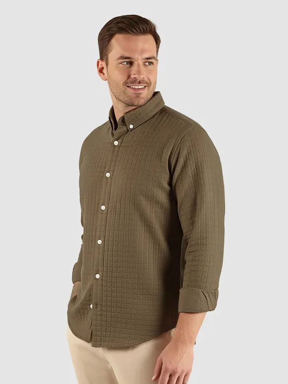 Brown Waffle Button-Down Cotton Shirt