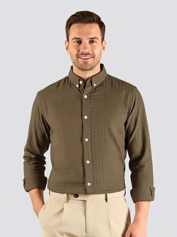 Brown Waffle Button-Down Cotton Shirt