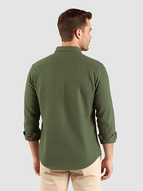 Military Green Waffle Button-Down Cotton Shirt