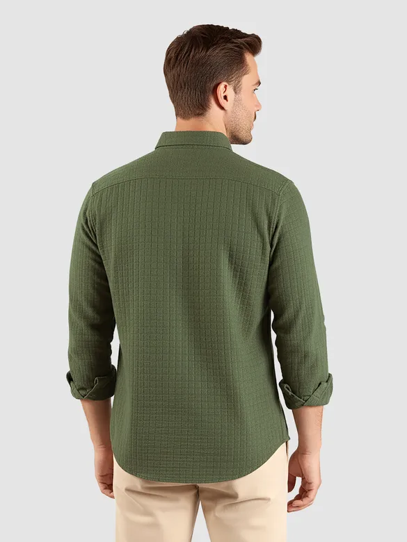 Military Green Waffle Button-Down Cotton Shirt