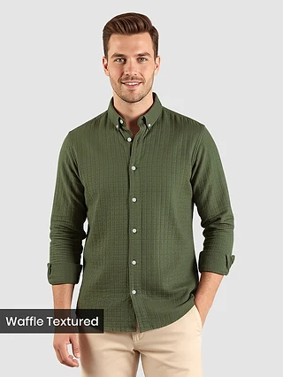 Military Green Waffle Button-Down Cotton Shirt