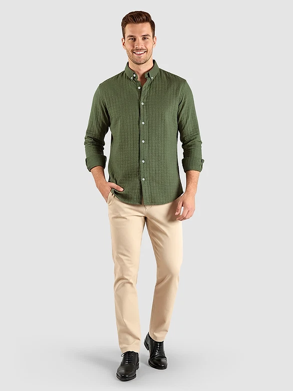 Military Green Waffle Button-Down Cotton Shirt