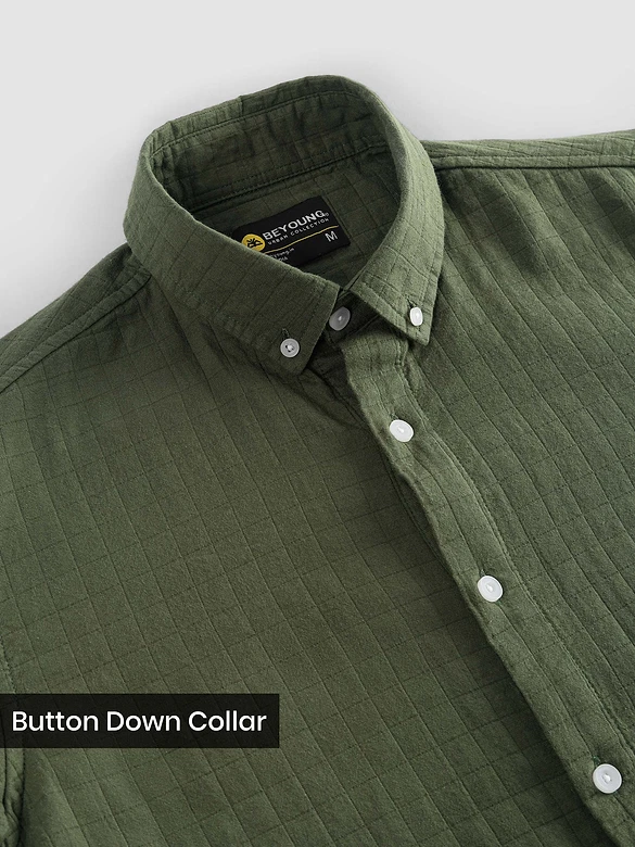 Military Green Waffle Button-Down Cotton Shirt