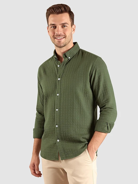 Military Green Waffle Button-Down Cotton Shirt
