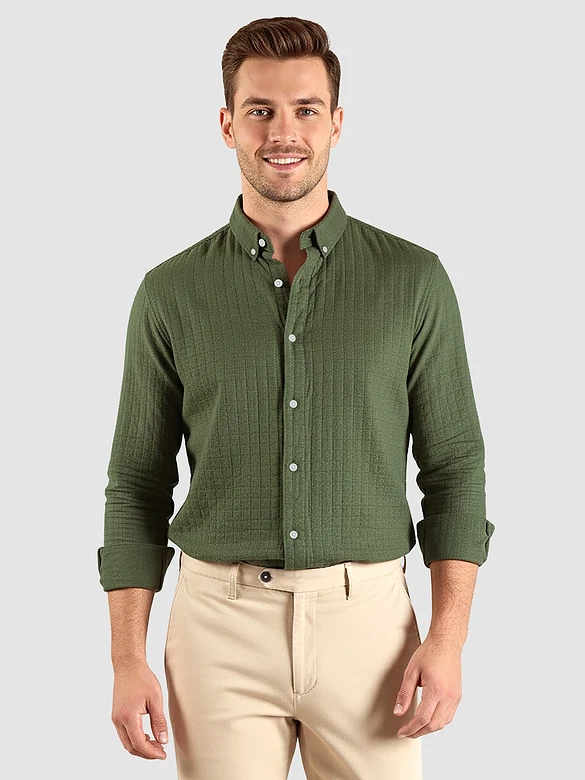 Military Green Waffle Button-Down Cotton Shirt