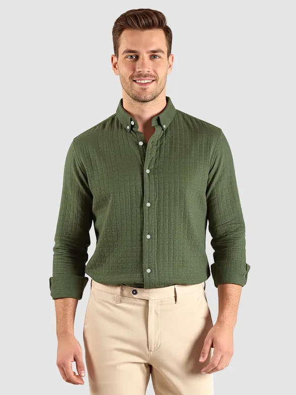 Military Green Waffle Button-Down Cotton Shirt
