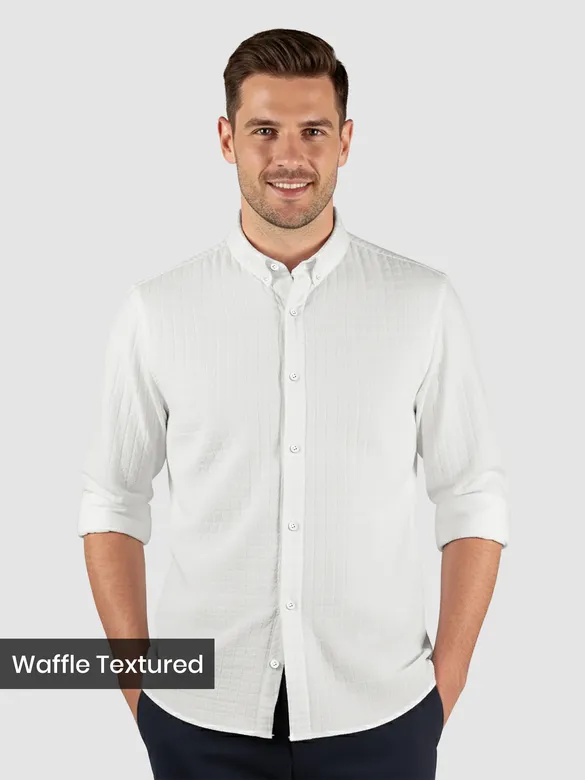 White Waffle Button-Down Cotton Shirt
