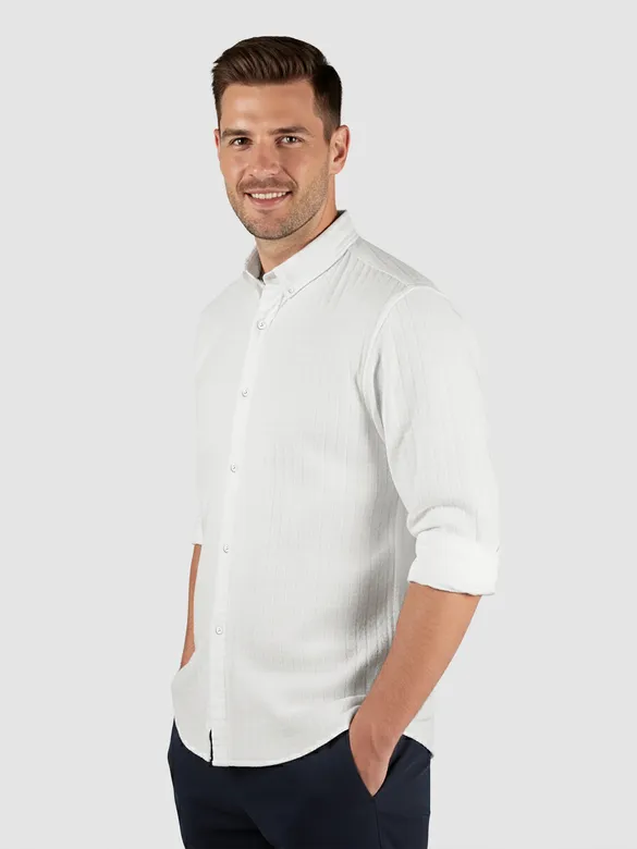 White Waffle Button-Down Cotton Shirt