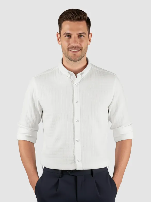White Waffle Button-Down Cotton Shirt