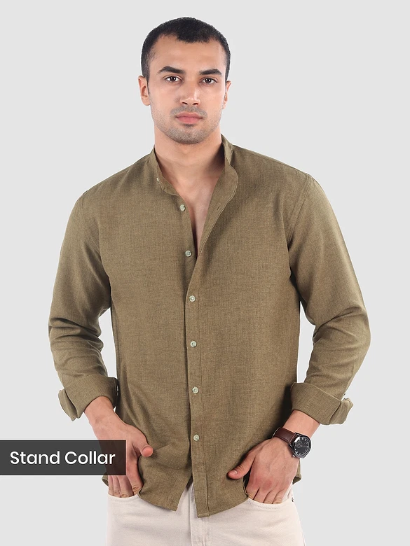 Khaki Brown Breezy Stand Collar Shirt