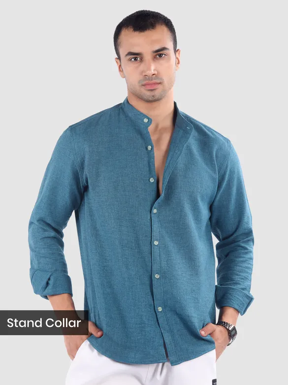 Teal Blue Breezy Stand Collar Shirt