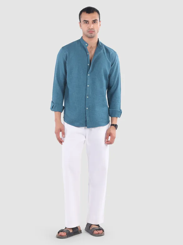 Teal Blue Breezy Stand Collar Shirt