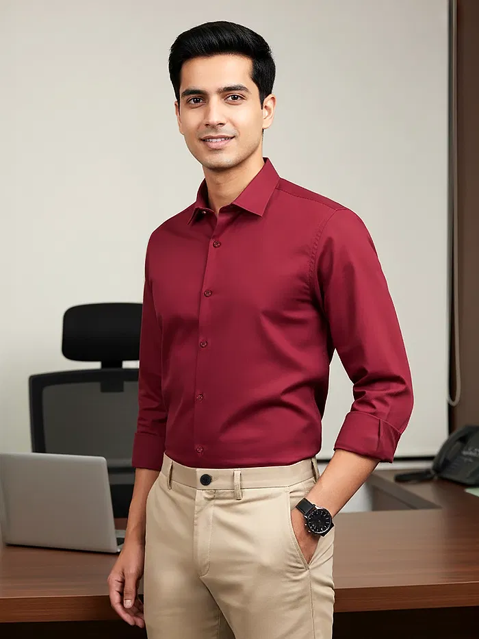 Burgundy - Plain Cotton Shirts