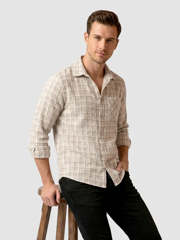 Beige Busy Check Cotton Shirt