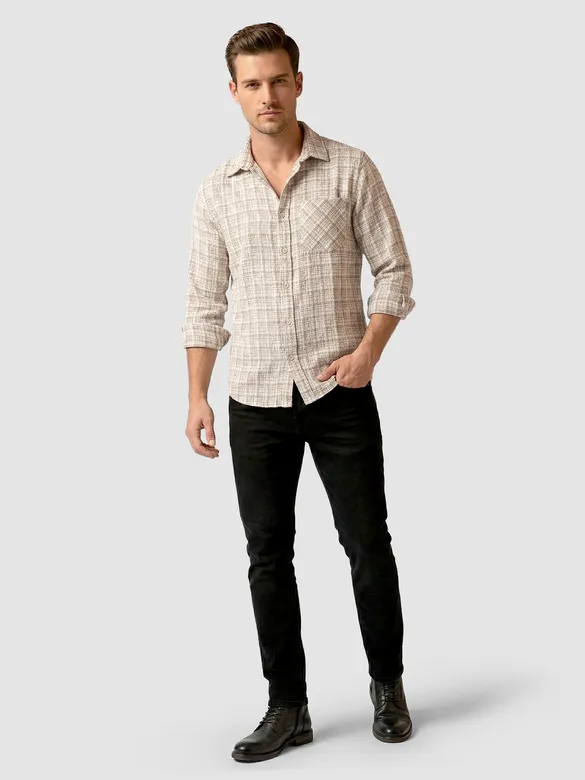 Beige Busy Check Cotton Shirt