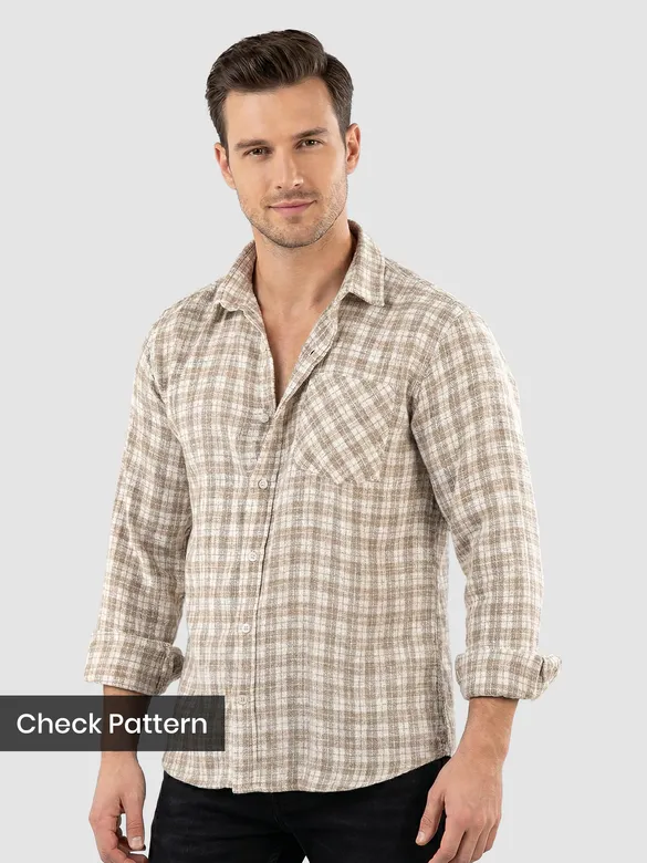 Beige Plaid Check Cotton Shirt
