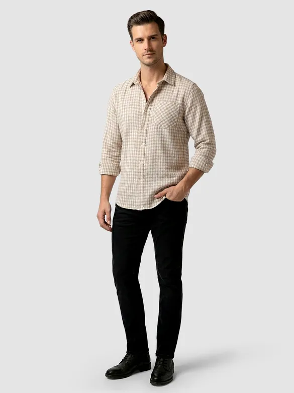 Beige Window Check Cotton Shirt