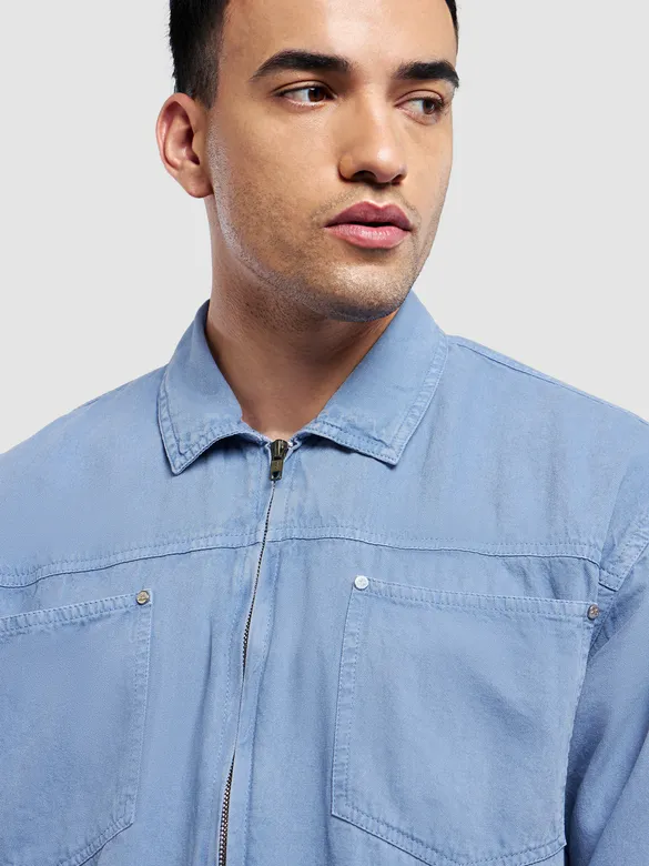 Blue Overdyed Zipper Shacket