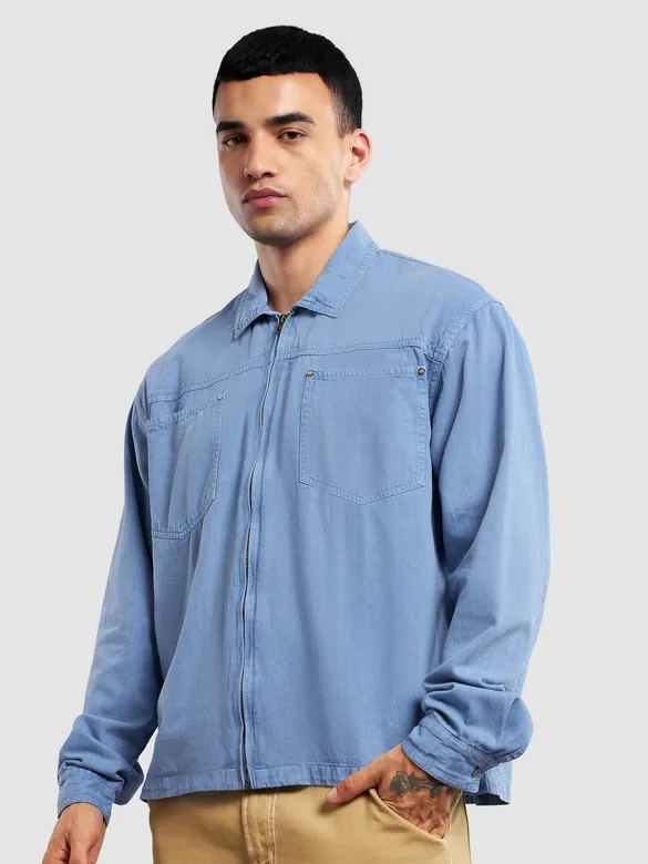 Blue Overdyed Zipper Shacket