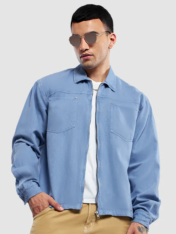 Blue Overdyed Zipper Shacket