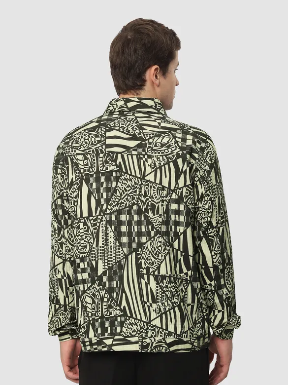 Green and Black Abstract Print Shacket