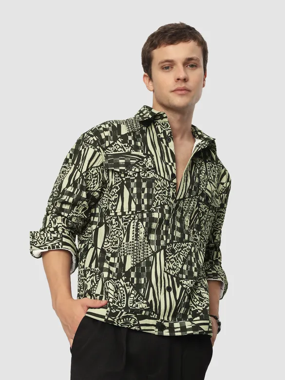 Patterned green and black shacket for men, 